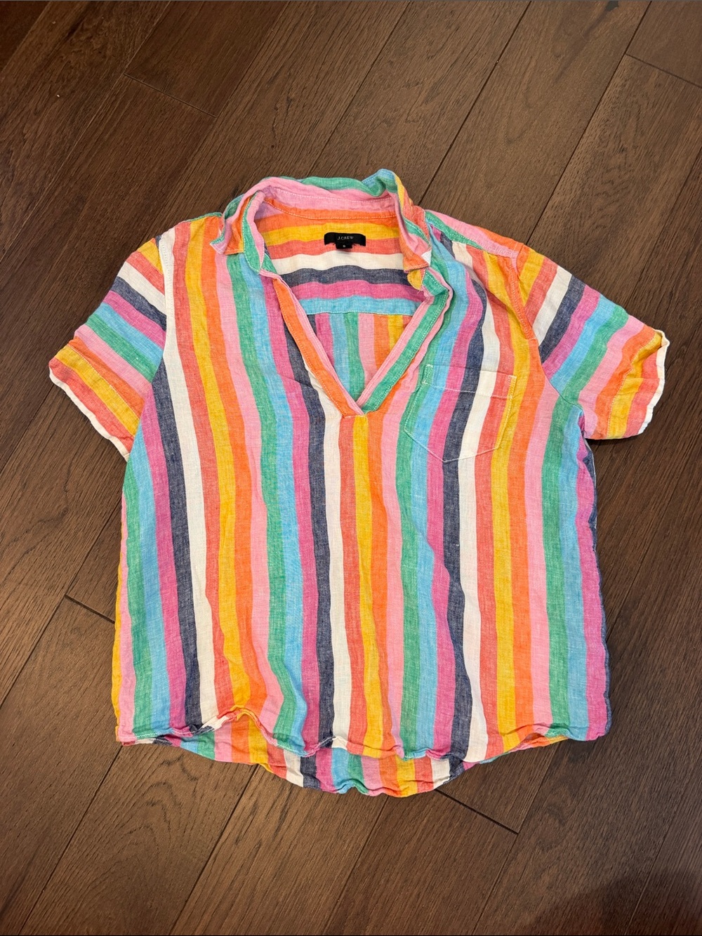 J Crew Short-Sleeve Linen Popover Top in Rainbow Stripe - Small - C2-052